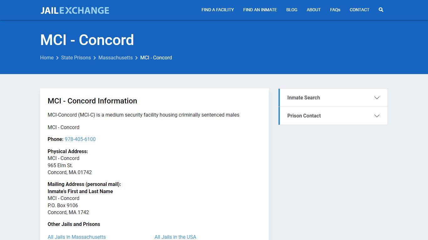 MCI - Concord Inmate Search, MA - Jail Exchange